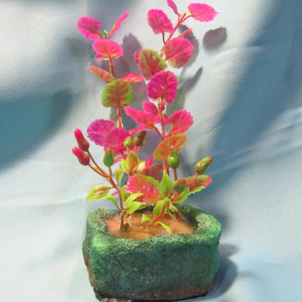 Aquarium Decoration - Green Rock with Tall Colorful Plants